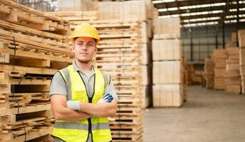 portret van magazijn arbeider controle voorraad van houten pallets in opslagruimte magazijn. foto