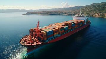 lading schip vol met containers klaar naar vertrokken ai gegenereerd foto