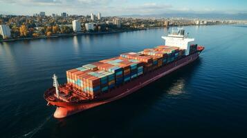 lading schip vol met containers klaar naar vertrokken ai gegenereerd foto