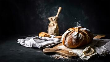 vers gebakken zuurdesem brood met suiker poeder Aan een zwart achtergrond. ai gegenereerd foto