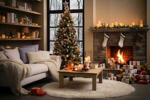 Kerstmis leven kamer interieur met Kerstmis boom, bank, kaarsen en decoraties ai gegenereerd foto