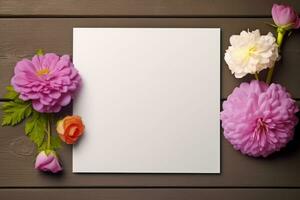 bloemen en blanco kaart Aan houten achtergrond. top visie met kopiëren ruimte ai gegenereerd foto