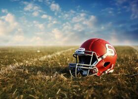 Amerikaans Amerikaans voetbal helm Aan de veld- met wazig stadion achtergrond ai gegenereerd foto