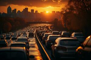 top visie van weg verkeer Aan een snelweg Bij zonsondergang met snel wazig Aan voertuig ai gegenereerd foto