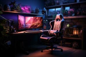 gaming kamer opstelling met kleurrijk neon licht, netjes, minimalistische gevoel foto