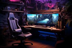 gaming kamer opstelling met kleurrijk neon licht, netjes, minimalistische gevoel foto