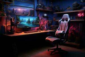 gaming kamer opstelling met kleurrijk neon licht, netjes, minimalistische gevoel foto