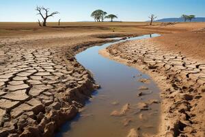 droogtes seizoen in een krimpen rivier- gedurende el nino, klimaat verandering concept, ai gegenereerd foto