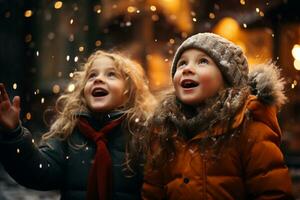 kinderen spelen en aan het kijken sneeuw Aan Kerstmis vooravond foto