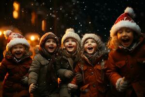kinderen spelen en aan het kijken sneeuw Aan Kerstmis vooravond foto