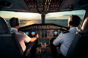 twee piloot Aan een kuip van een reclame luchtvaartmaatschappijen ai gegenereerd foto