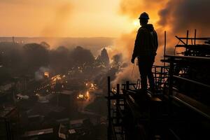 bouw arbeiders werken Aan een hoog stijgen gebouw ai gegenereerd foto