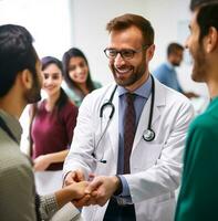 een dokter en een geduldig zijn beven handen in een druk aan het wachten kamer, medisch voorraad afbeeldingen, ai generatief foto