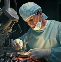 een chirurg gebruik makend van een robot arm naar uitvoeren een delicaat operatie, medisch voorraad afbeeldingen, ai generatief foto