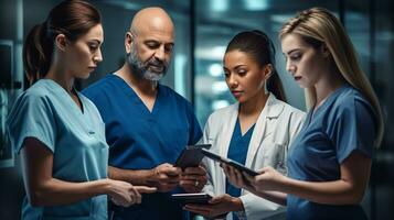een gezondheidszorg team Holding een tablet terwijl een verpleegster en een ander verpleegster is op zoek Bij het, medisch voorraad afbeeldingen, ai generatief foto