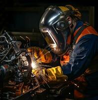 lassen arbeider Aan uitrusting naar vorm metaal, industrieel machinerie voorraad foto's, ai generatief foto