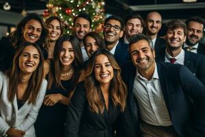 een foto van gelukkig bedrijf mensen vieren Kerstmis Bij werk, ai generatief