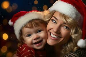 een afbeelding van een gelukkig moeder met haar baby vervelend een de kerstman helper hoed, ai generatief foto