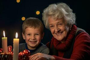 een afbeelding van een grootmoeder en haar kleinzoon glimlachen Aan Kerstmis dag, ai generatief foto