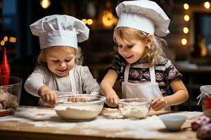 een afbeelding van aanbiddelijk kinderen maken Kerstmis koekje deeg in de keuken, ai generatief foto