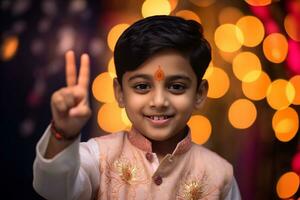 afbeelding van een jong jongen geven de duimen omhoog Bij diwali, ai generatief foto