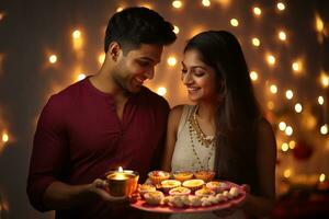 een afbeelding van een jong paar Holding een bord van diyas en snoepgoed naar vieren diwali, ai generatief foto