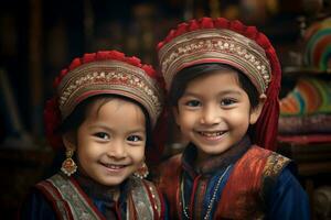een afbeelding van twee jong broers en zussen vervelend traditioneel kleren en vieren de bhai dooj festival, ai generatief foto