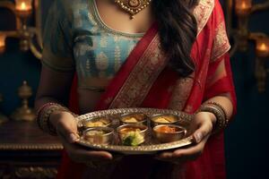 een afbeelding van een Indisch vrouw gekleed in een traditioneel sari en draag- een puja thali in haar hand, ai generatief foto