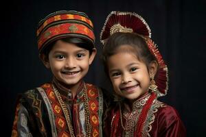 een afbeelding van twee jong broers en zussen vervelend traditioneel kleren en vieren de bhai dooj festival, ai generatief foto