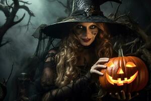 een afbeelding van een heks gekleed omhoog voor halloween Holding een gesneden pompoen en staand in een donker Woud met magisch lichten, ai generatief foto