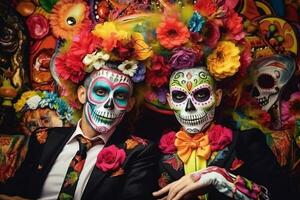 binnen- foto van een Mens en vrouw in eng kostuums maken een vrede teken ze hebben levendig bedenken naar maken hen kijken eng ze zijn vieren een traditioneel Mexicaans vakantie, ai generatief