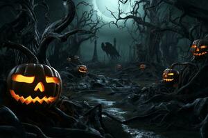 een foto van een spookachtig Woud met dood bomen en pompoenen voor halloween de halloween ontwerp omvat pompoenen, ai generatief