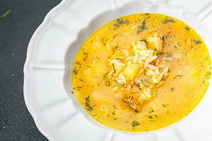 soep bouillon groenten met rijst, aardappel, wortel, ui aan het eten Koken voorafje maaltijd voedsel tussendoortje Aan de tafel kopiëren ruimte voedsel achtergrond rustiek top visie foto