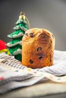 panettone Kerstmis bakken zoet gebakje droog fruit chocola Kerstmis zoet toetje vakantie traktatie nieuw jaar viering maaltijd voedsel tussendoortje Aan de tafel kopiëren ruimte voedsel achtergrond rustiek top visie foto