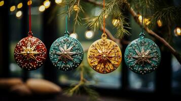 handgemaakt Kerstmis ornamenten van gerecycled materialen in feestelijk instelling foto