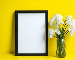 wit blanco kader mockup Aan geel muur en bloem ai genereren foto