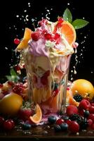 milkshake in een Doorzichtig glas van fruit in de achtergrond met melk spatten en druppels foto