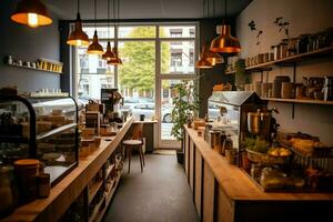 binnen schoon keuken van een modern restaurant of mini cafe met Koken gereedschap en klein bar teller concept door ai gegenereerd foto