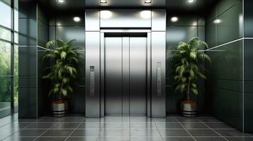 een afbeelding van digitaal composiet van lift in modern kantoor gebouw met planten in voorkant van lift deur generatief ai foto