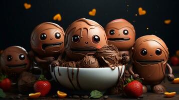 een foto van schattig robots aan het eten chocola en aardbeien Aan donker achtergrond. 3d renderen generatief ai