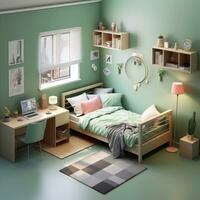 3d geven van kinderen kamer interieur met meubilair en speelgoed. generatief ai foto