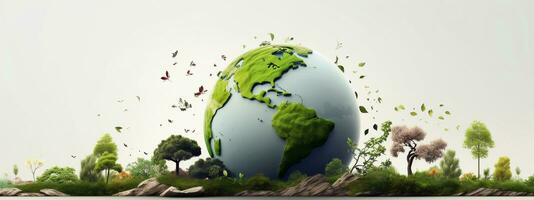 een foto van aarde dag ecologie concept. aarde planeet met groen milieu wereldbol generatief ai