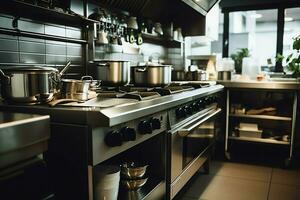 binnen schoon keuken van een modern restaurant of mini cafe met Koken gereedschap en klein bar teller concept door ai gegenereerd foto