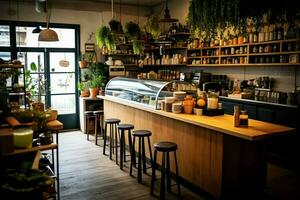 binnen schoon keuken van een modern restaurant of mini cafe met Koken gereedschap en klein bar teller concept door ai gegenereerd foto