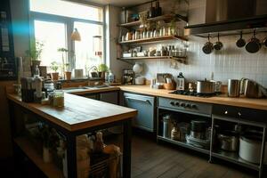 binnen schoon keuken van een modern restaurant of mini cafe met Koken gereedschap en klein bar teller concept door ai gegenereerd foto