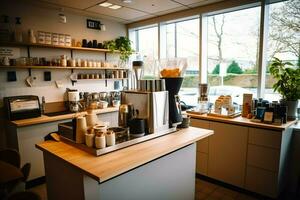 binnen schoon keuken van een modern restaurant of mini cafe met Koken gereedschap en klein bar teller concept door ai gegenereerd foto