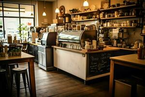 binnen schoon keuken van een modern restaurant of mini cafe met Koken gereedschap en klein bar teller concept door ai gegenereerd foto