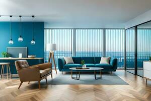 modern leven kamer met blauw muren en houten vloeren. ai-gegenereerd foto