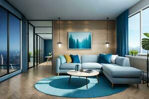 een modern leven kamer met blauw meubilair en een visie van de stad. ai-gegenereerd foto