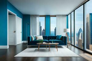 een blauw leven kamer met een visie van de stad. ai-gegenereerd foto